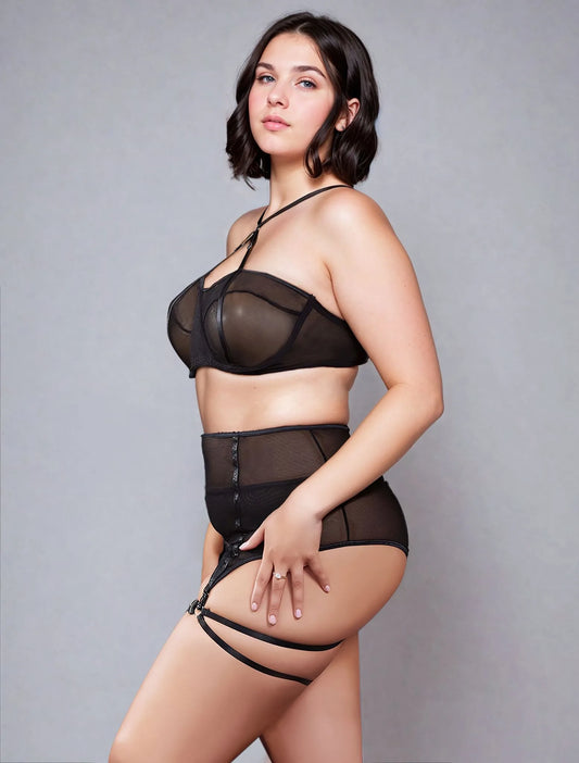 black lingerie set side view structured lace up design