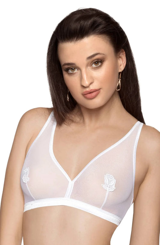 Embroidered appliqué detail white lace bra