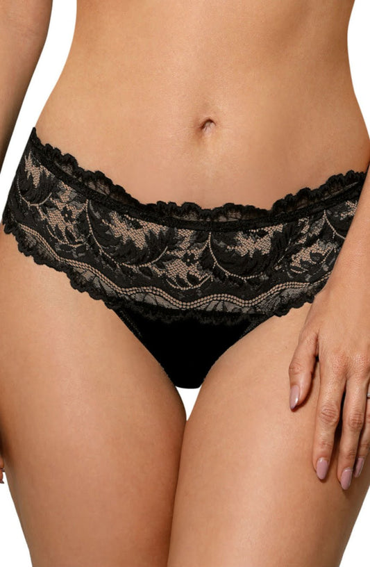 black lace brief front close up delicate sheer lace detail