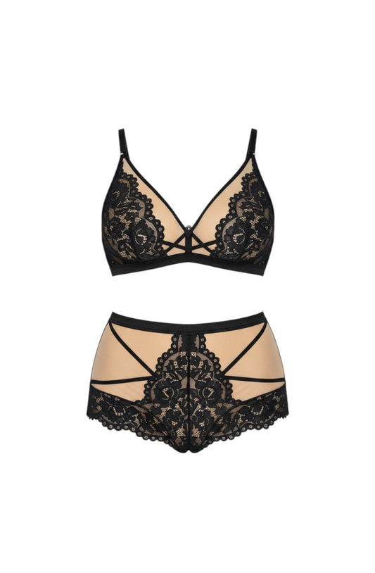 Sintimity Torfi black lace and mesh high-waisted boxer brief with satin waistband and jewel detail.