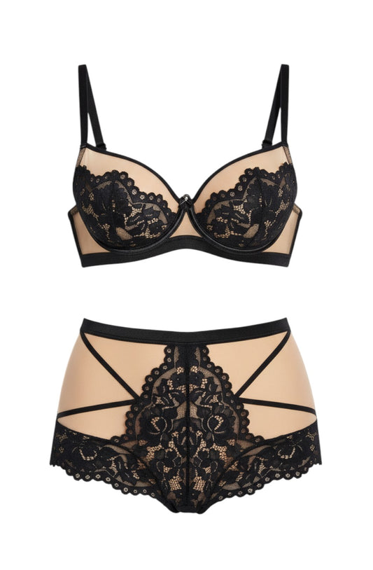 Sintimity Torfi black lace and sheer mesh soft cup bra with jewel detail and satin band.