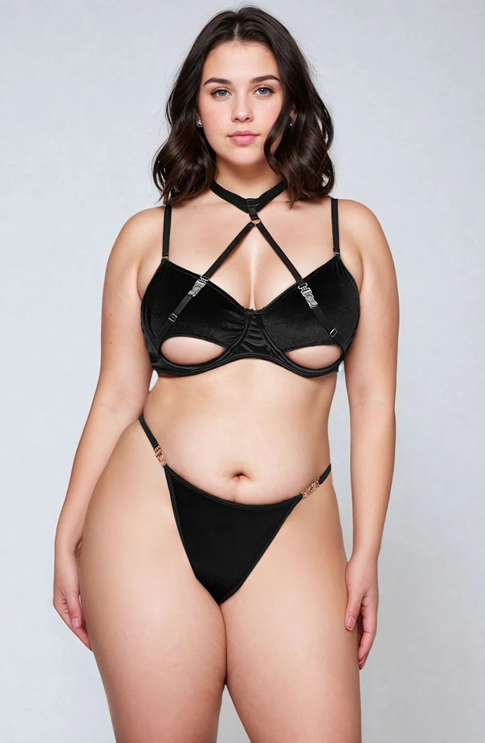 YesX Hollow Cut Halter Bra Set QBlack