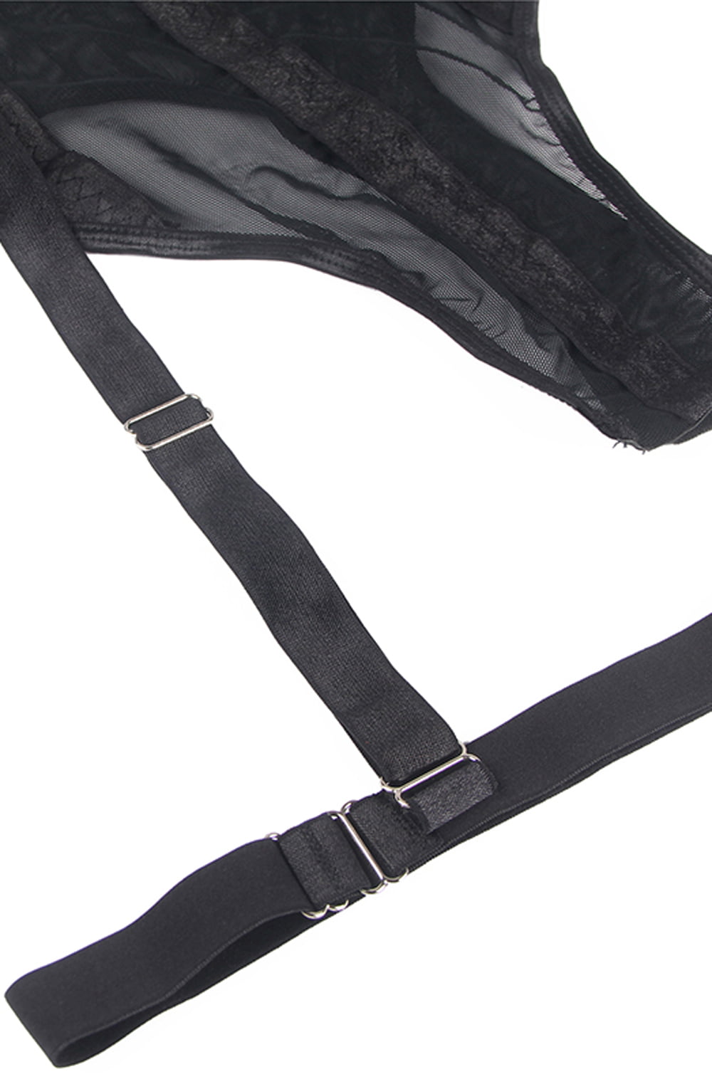 Black lace bodysuit suspender strap detail