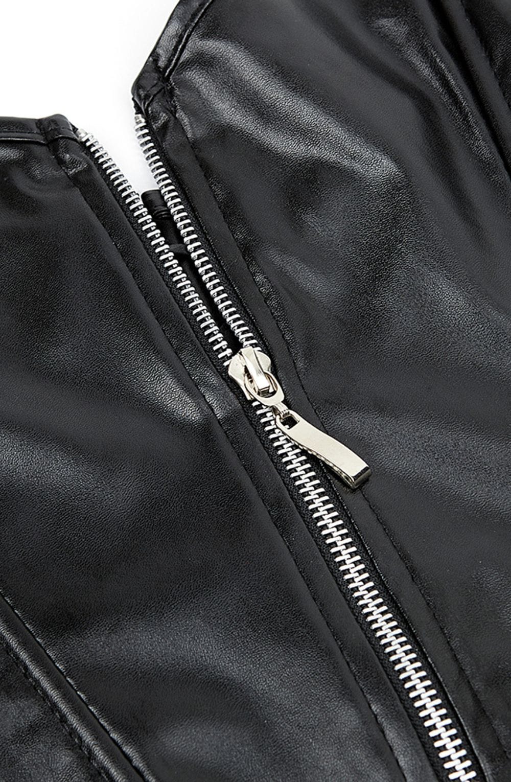 Black faux leather corset zipper and pleated skirt detail