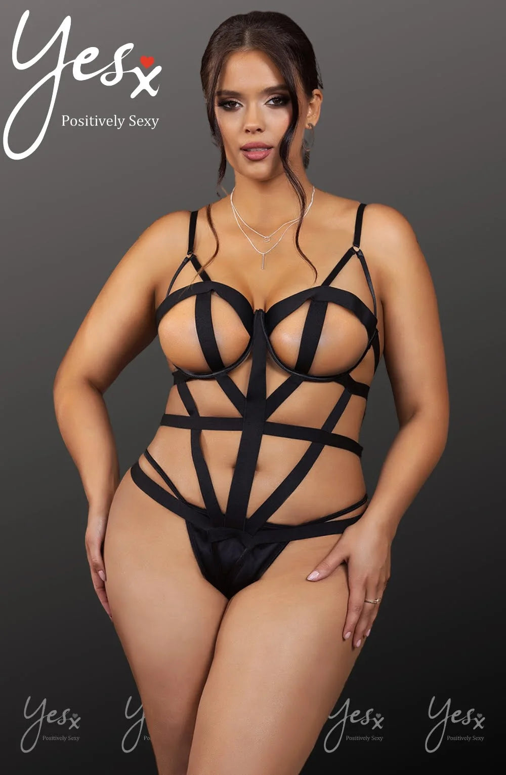 Black curve strappy bodysuit front view luxury lingerie