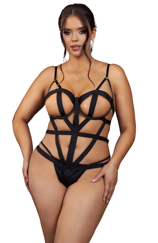 Black curve strappy bodysuit plus size luxury lingerie UK