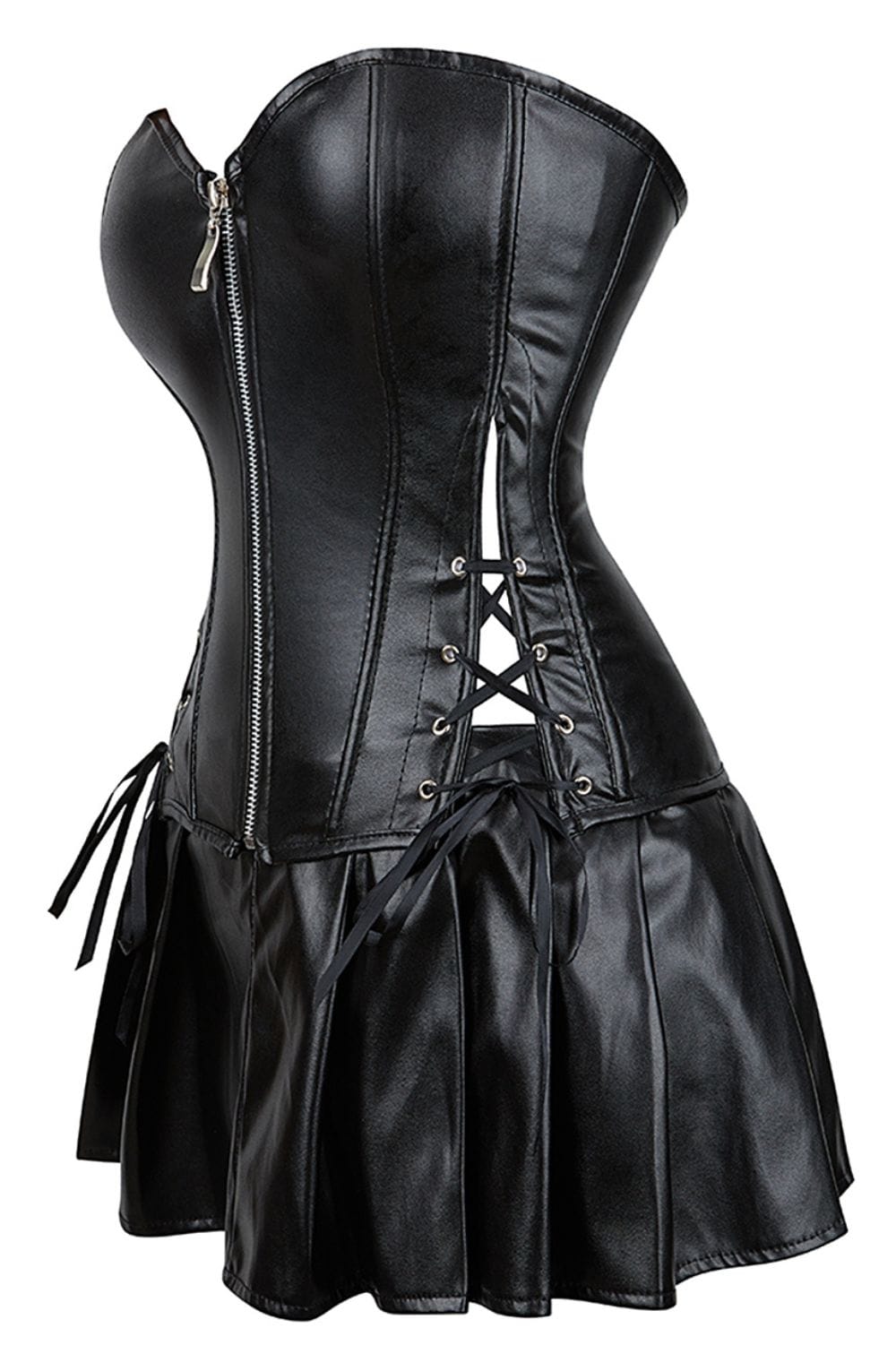 Black faux leather corset and skirt side view shaping silhouette
