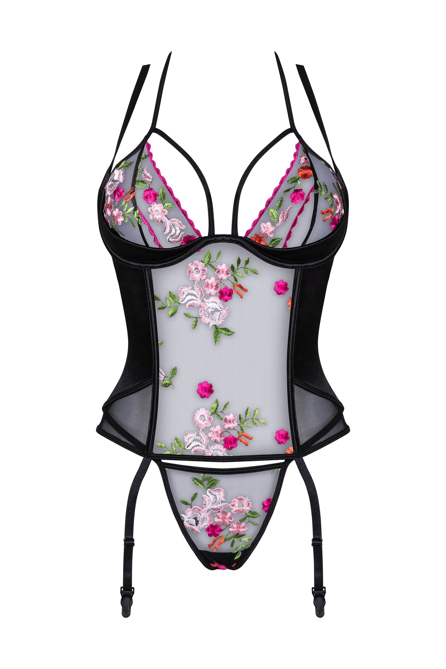 Black embroidered mesh corset lingerie with garter straps front view luxury lingerie UK