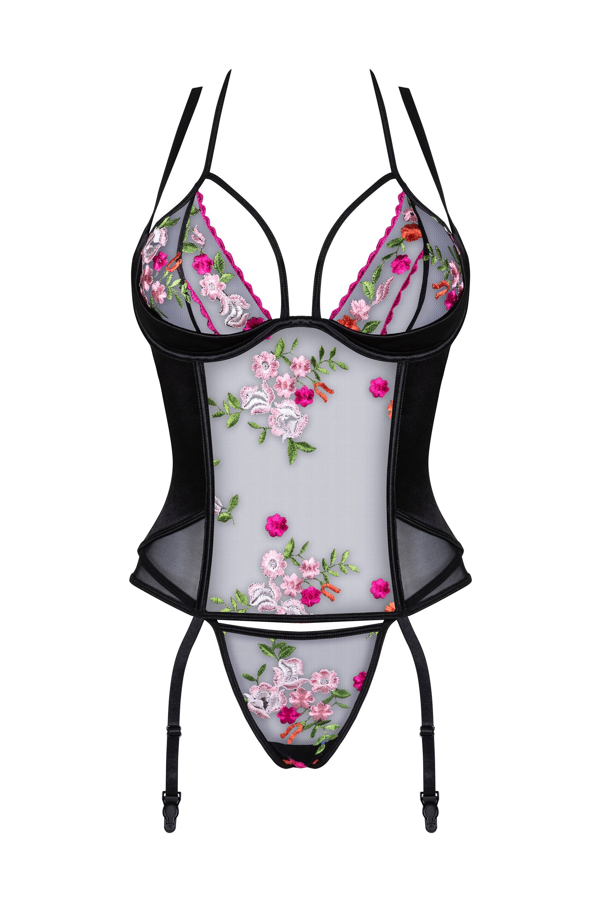 Black embroidered mesh corset lingerie with garter straps front view luxury lingerie UK
