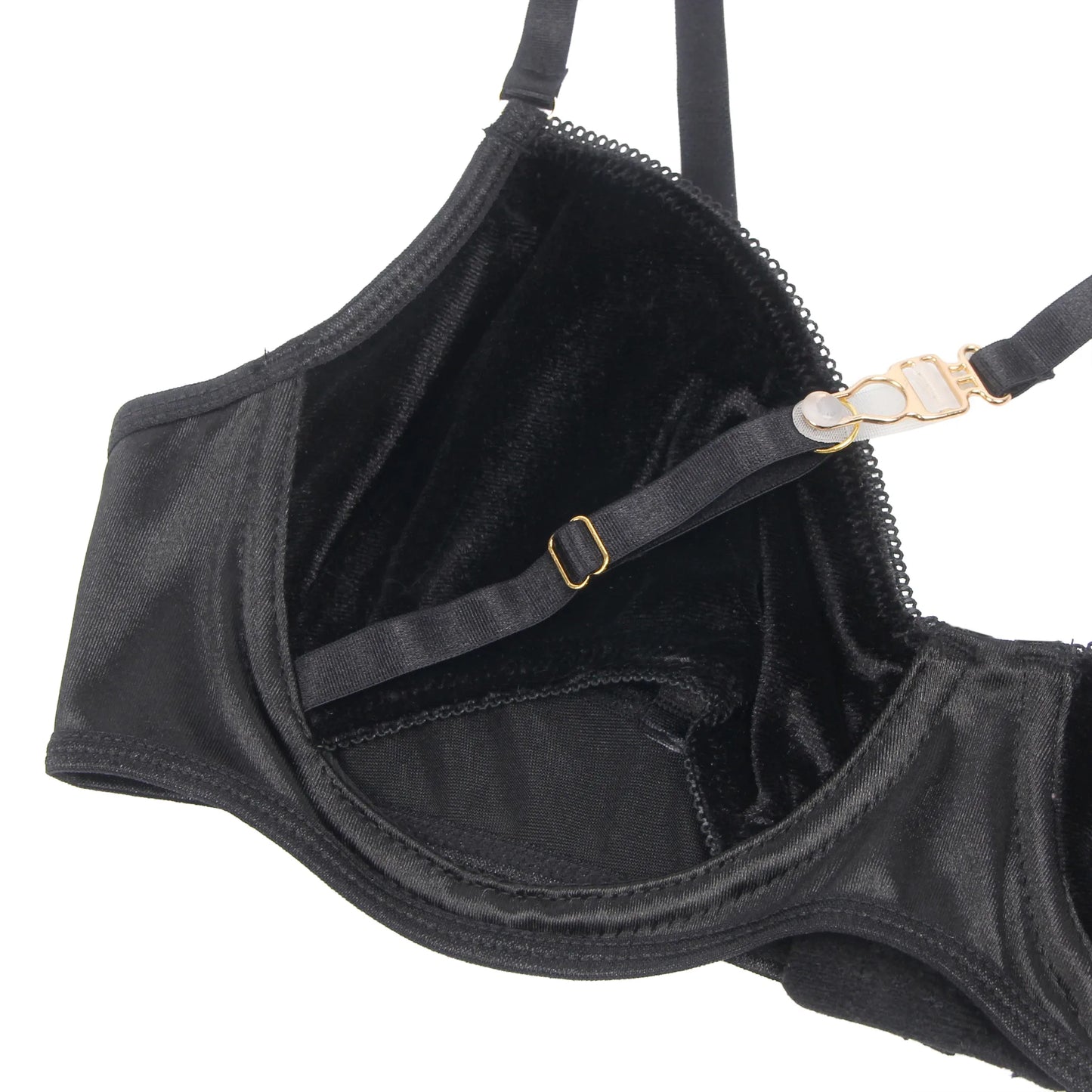 black lingerie bra structure detail with stitching and satin fabric details