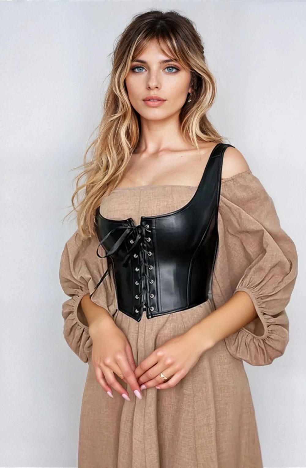 Black faux leather corset top front view luxury lingerie