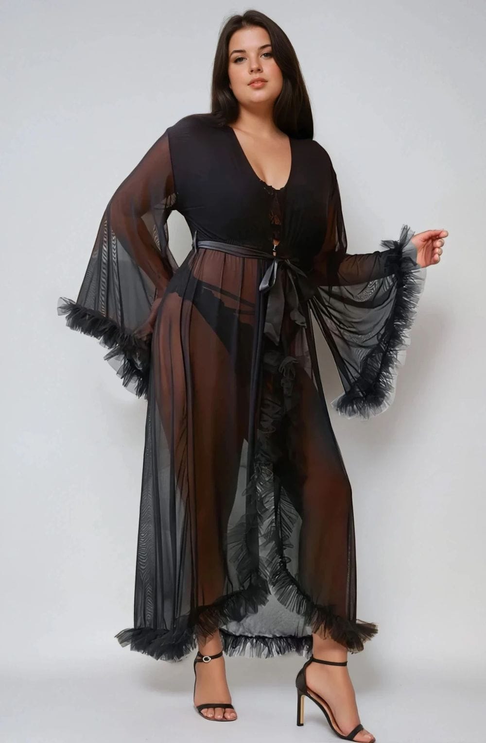 Curve black mesh long robe front view