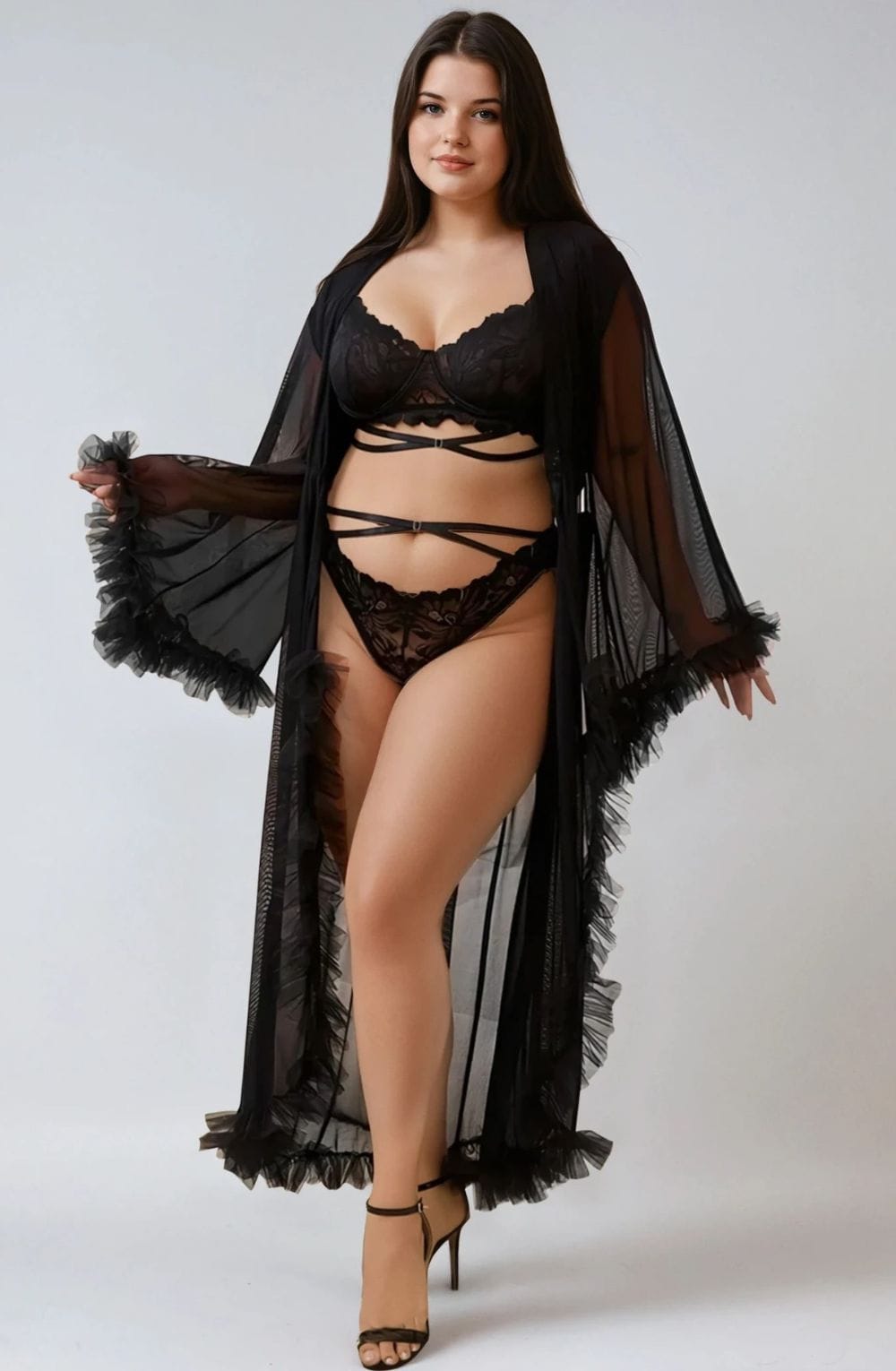 Curve black mesh long robe front view