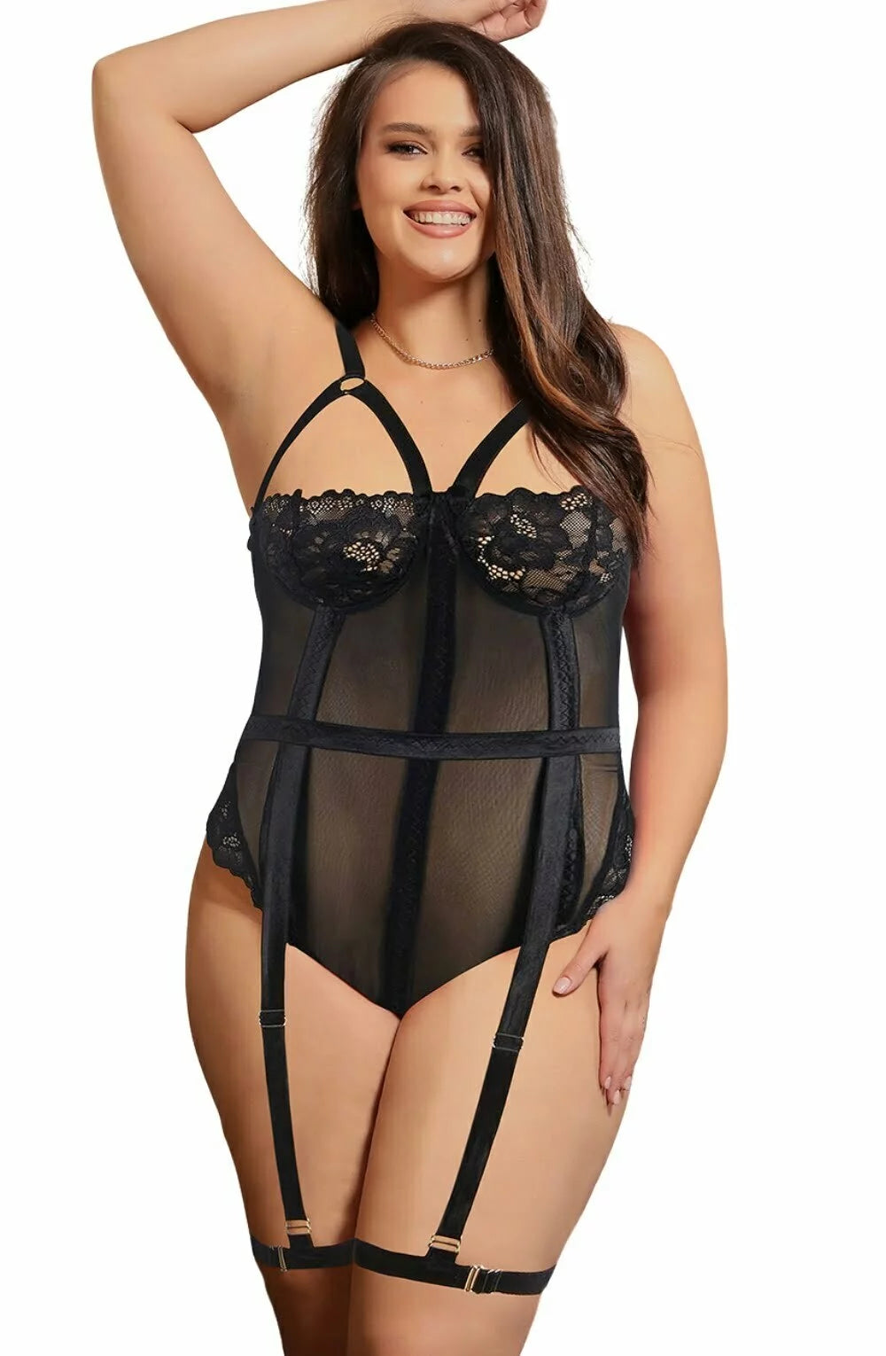 Black lace bodysuit front view luxury lingerie