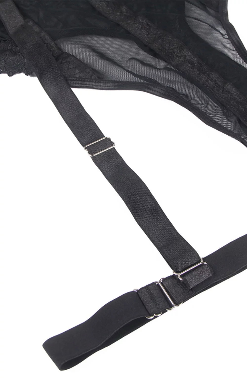 Black lace bodysuit suspender and strap detail