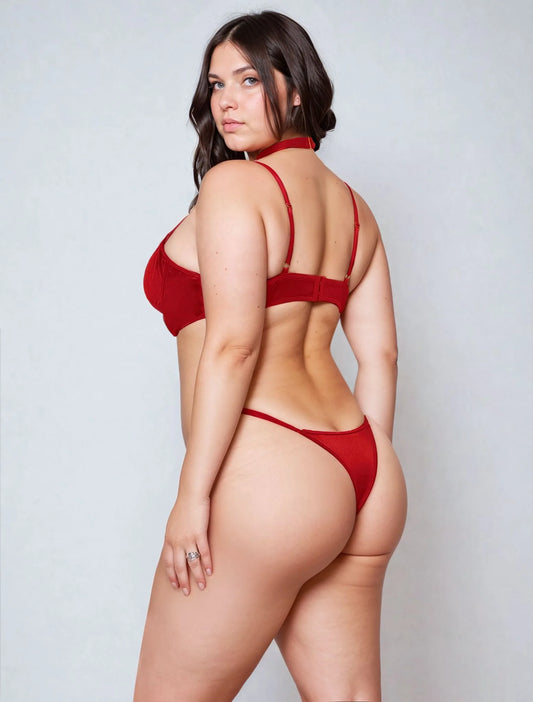 red lingerie set back view high cut thong silhouette