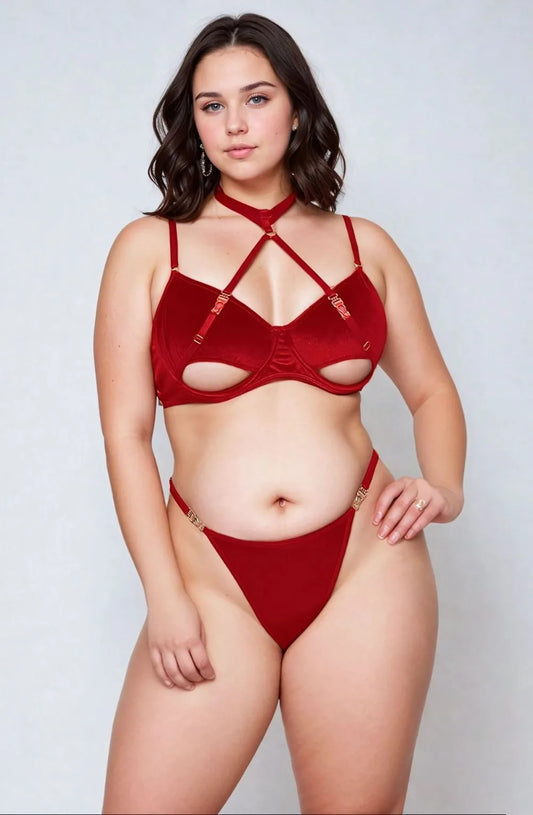 red halter lingerie set cut out underwired bra thong sculpting fit