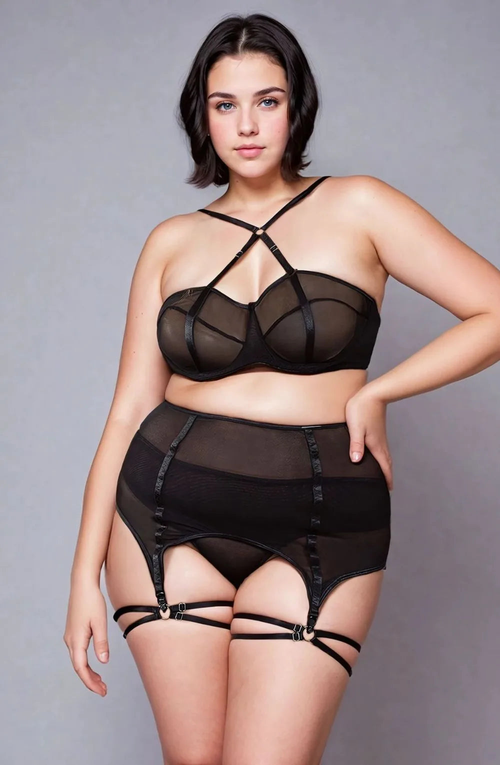 black lace up lingerie set 3 piece bra thong garter bold fit