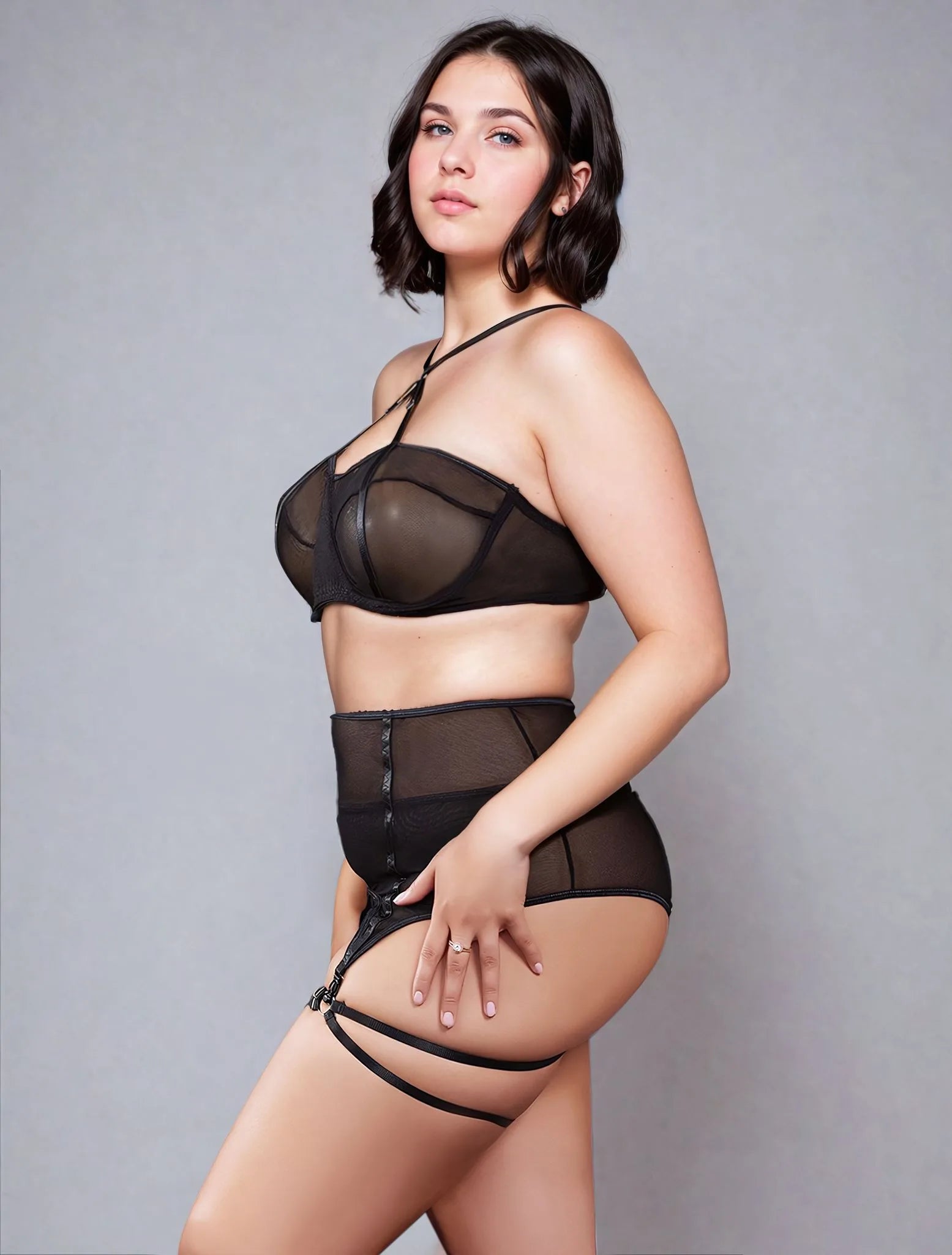 black lingerie set side view structured lace up design