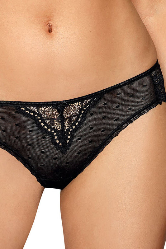 black lace brief close up polka dot mesh and satin bow detail