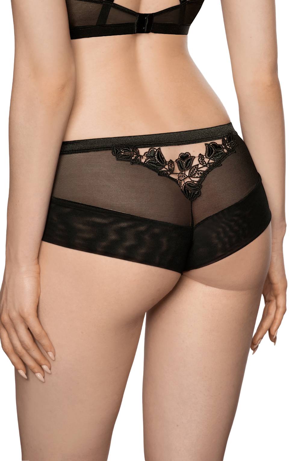 black lace brief back close up floral applique sheer detail