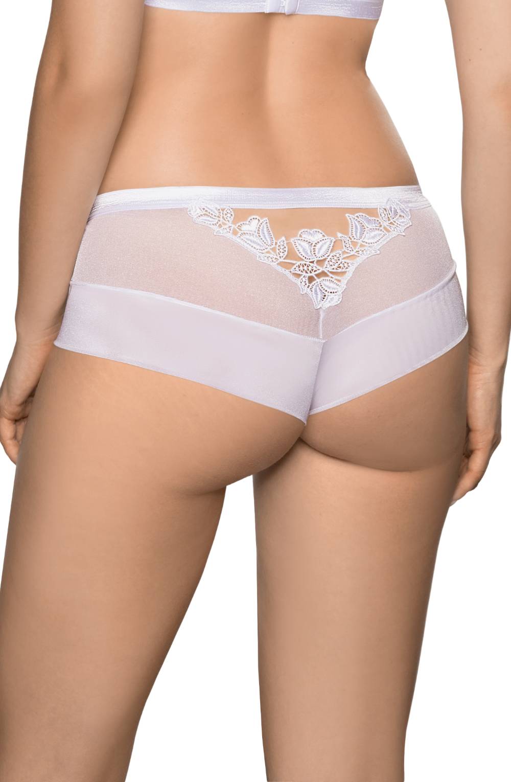 white lace brief back close up floral applique sheer detail
