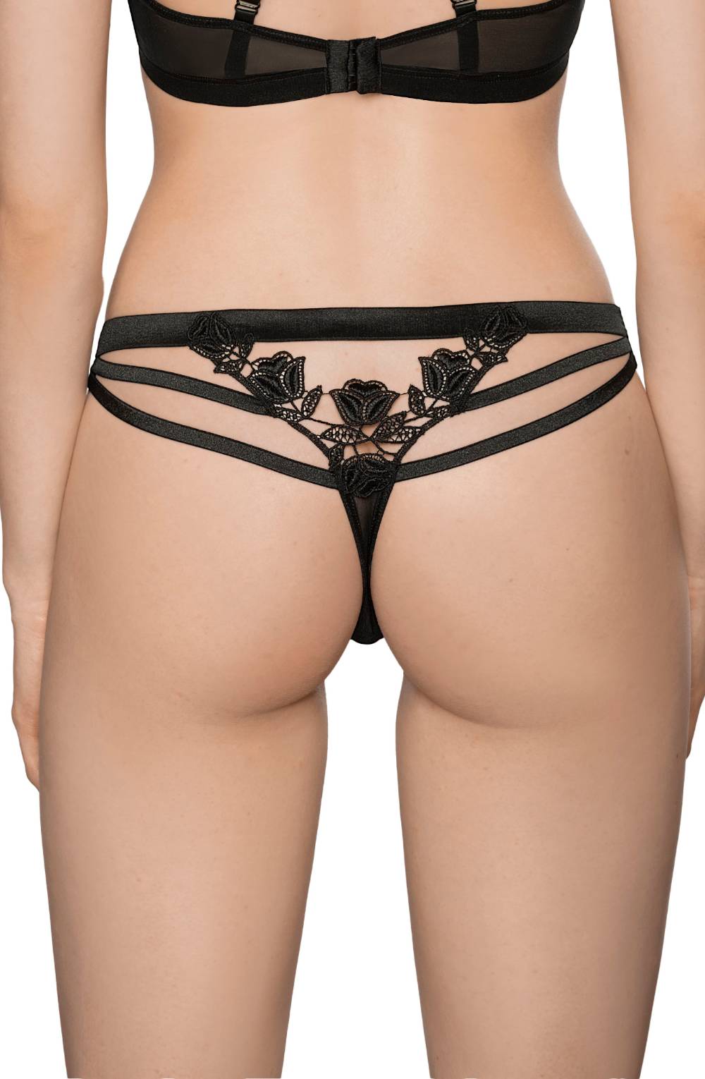 black thong back close up floral applique sheer detail