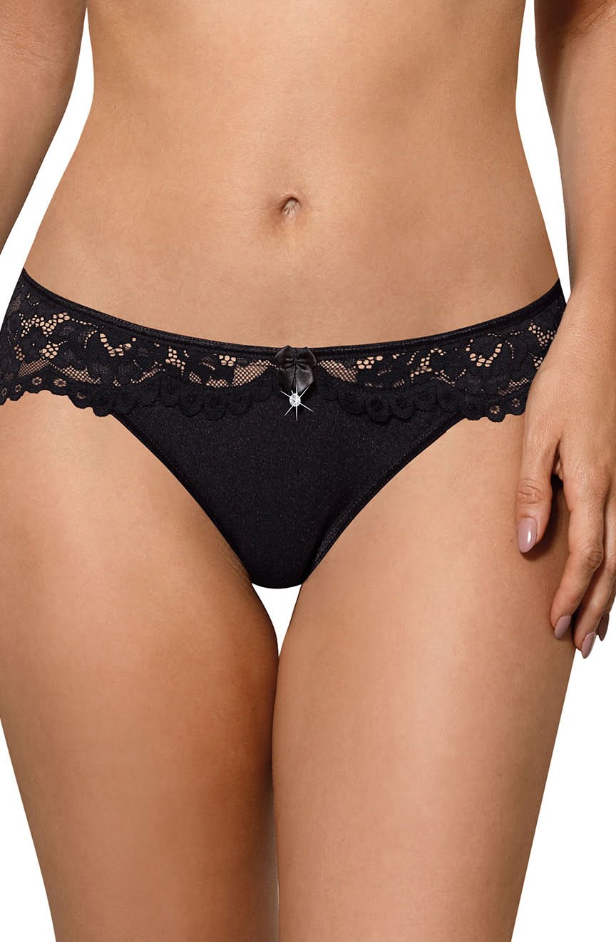 black lace brief front close up scalloped lace and satin bow