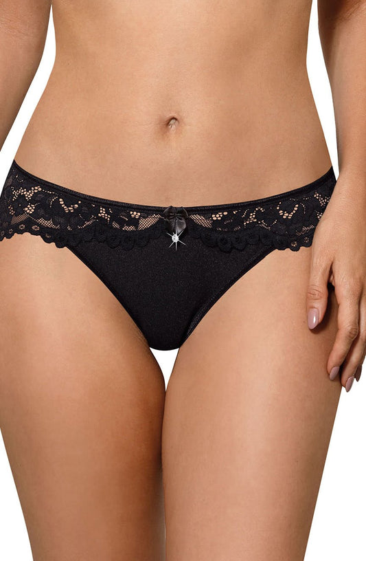 black lace brief front close up scalloped lace and satin bow