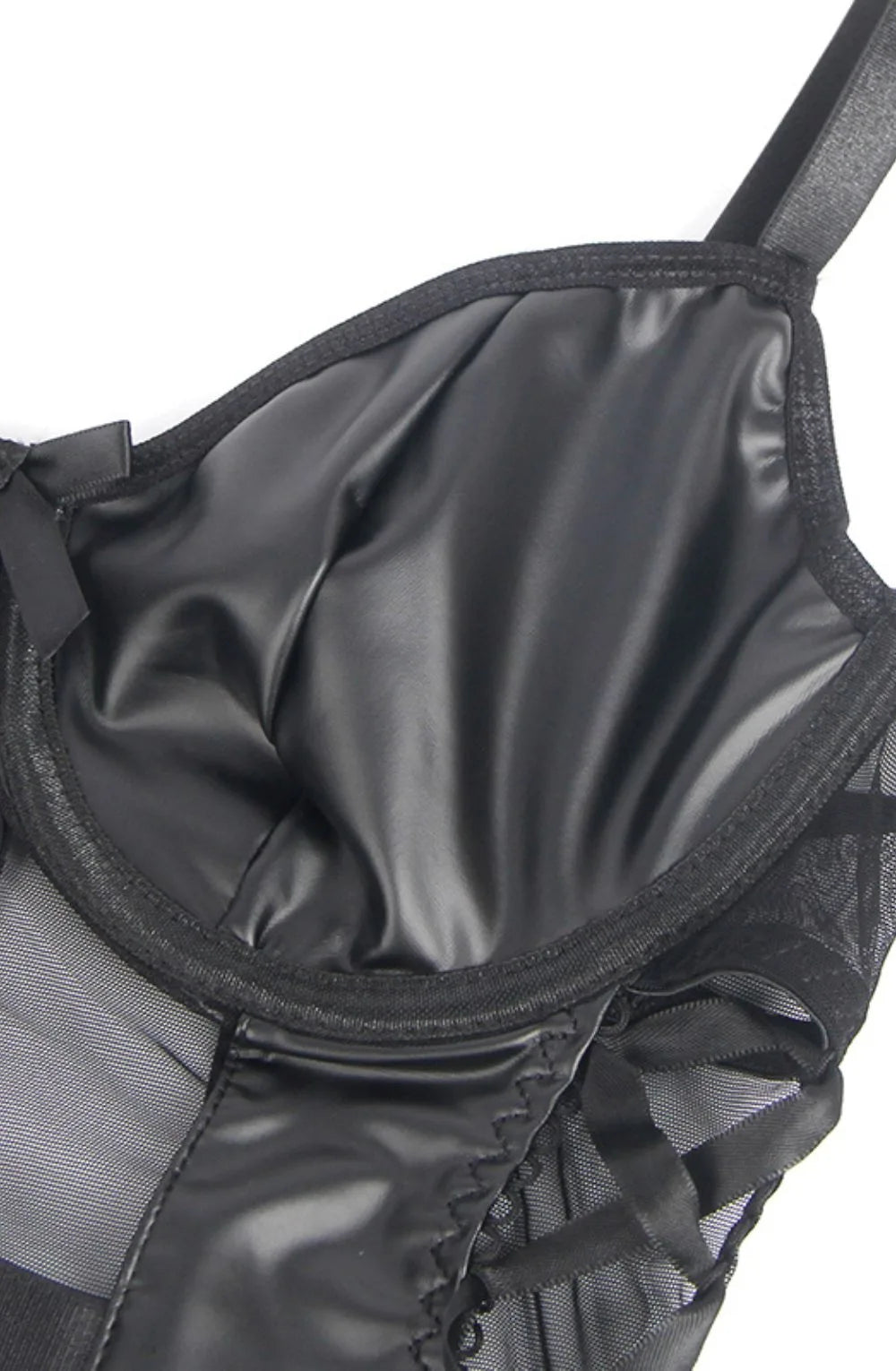 Black faux leather corset bust cup detail with structured support