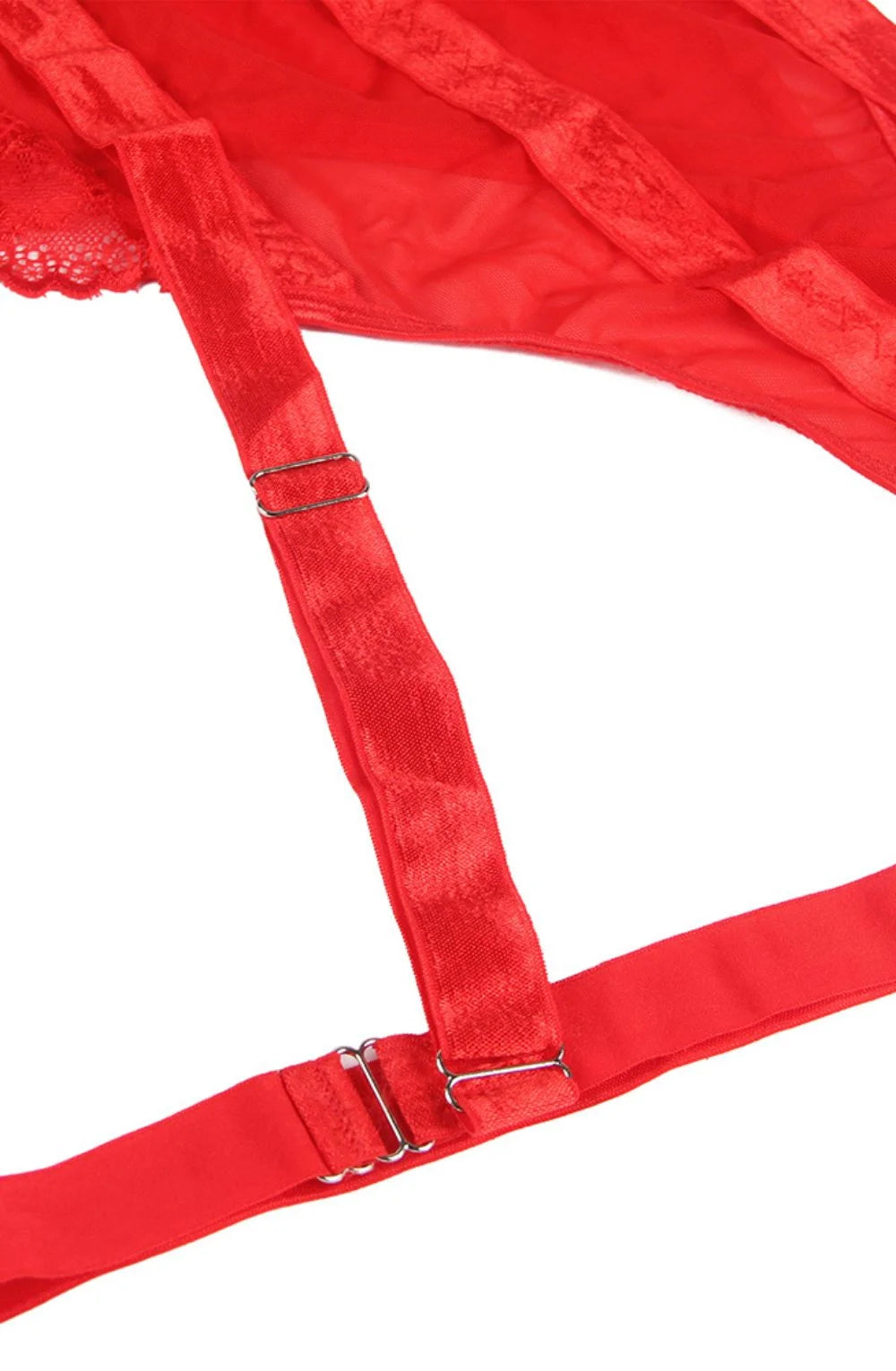 Red lace bodysuit suspender strap detail
