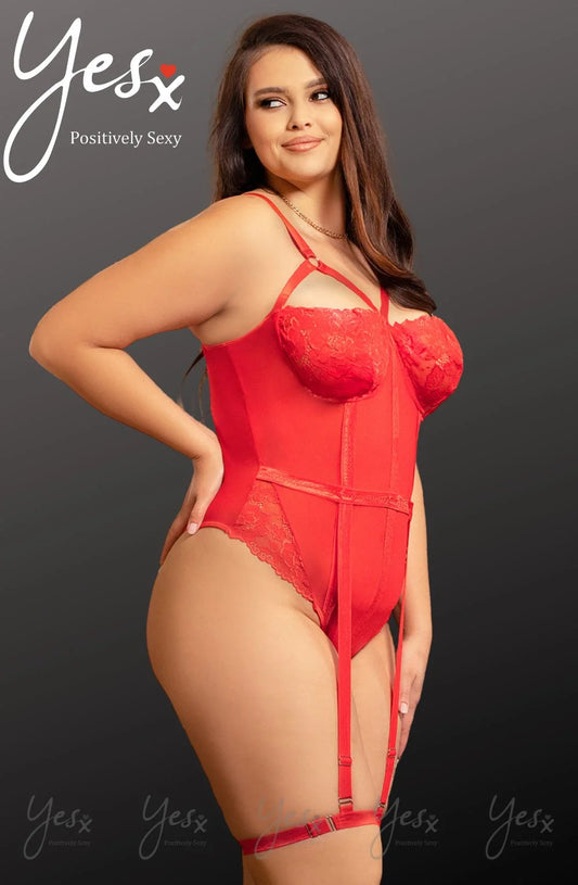 Red lace bodysuit side view sculpting silhouette