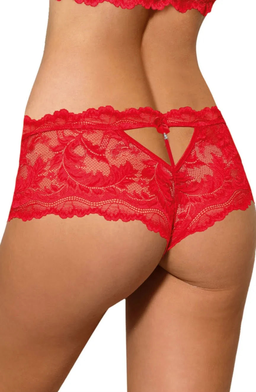 red lace brief back close up cut out satin bow and diamante
