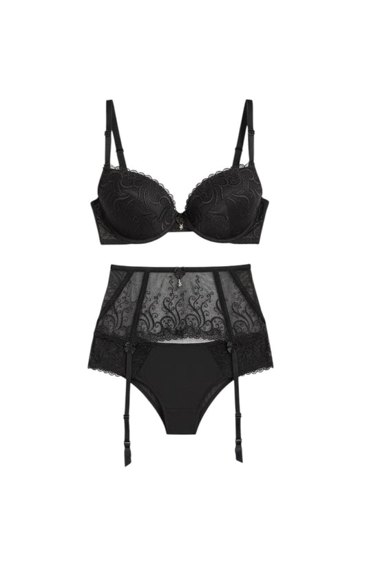 Sintimity Anuk black push-up bra with embroidered cups, lace trim, jewel detail, and adjustable straps.