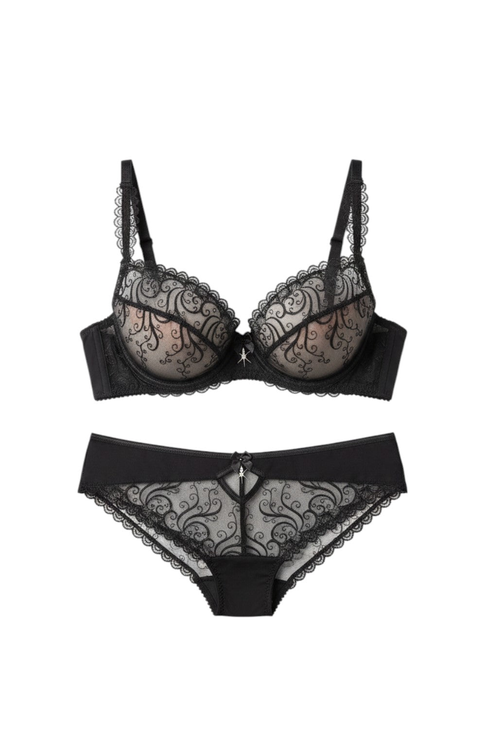 Sintimity Anuk black lace bra with underwire and adjustable straps, featuring delicate embroidery and a jewel detail.