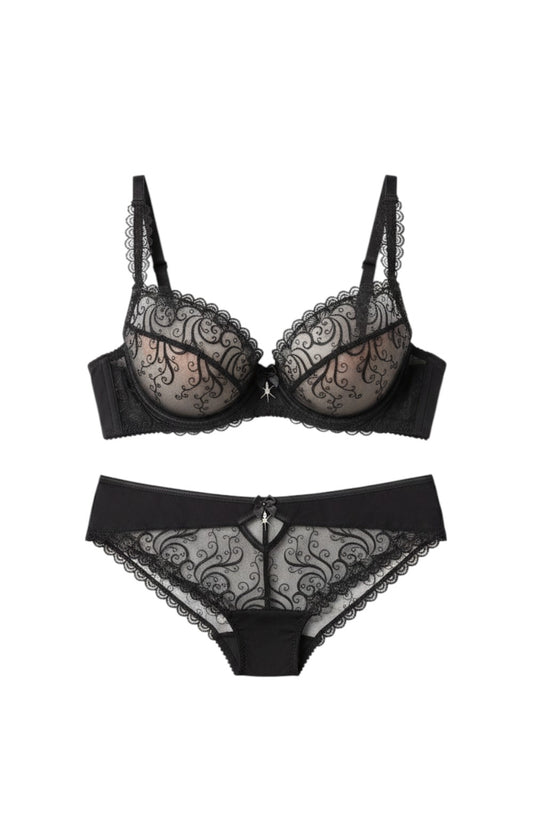 Sintimity Anuk black lace bra with underwire and adjustable straps, featuring delicate embroidery and a jewel detail.