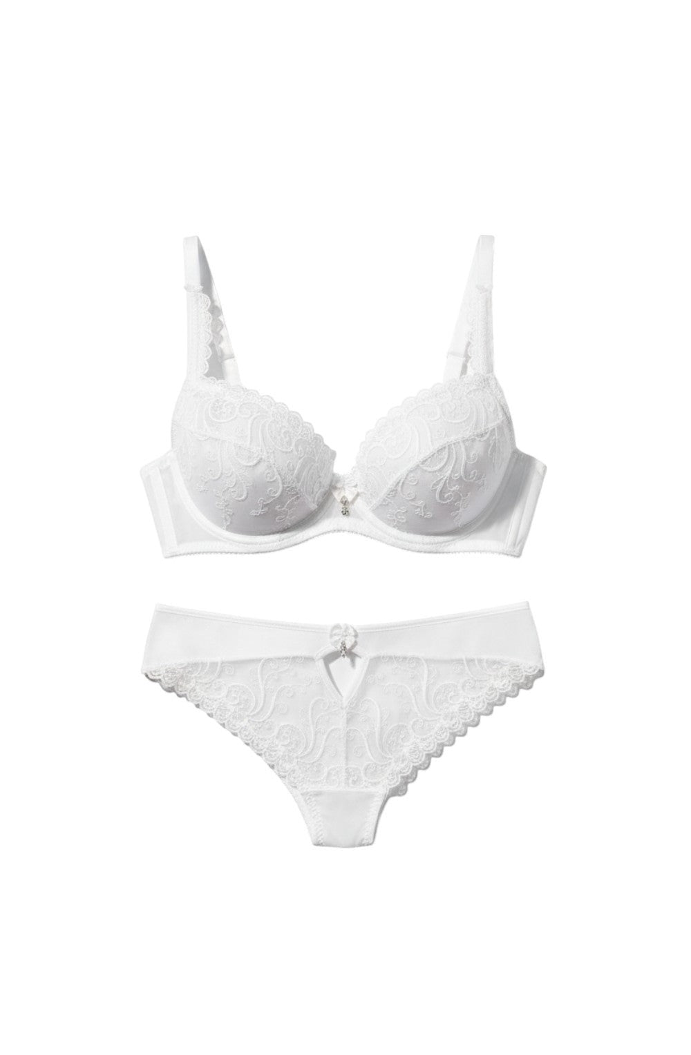 Sintimity Anuk soft cup bra in white, featuring delicate embroidery, lace trim, underwire, and a jewel detail.