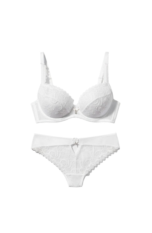 Sintimity Anuk soft cup bra in white, featuring delicate embroidery, lace trim, underwire, and a jewel detail.