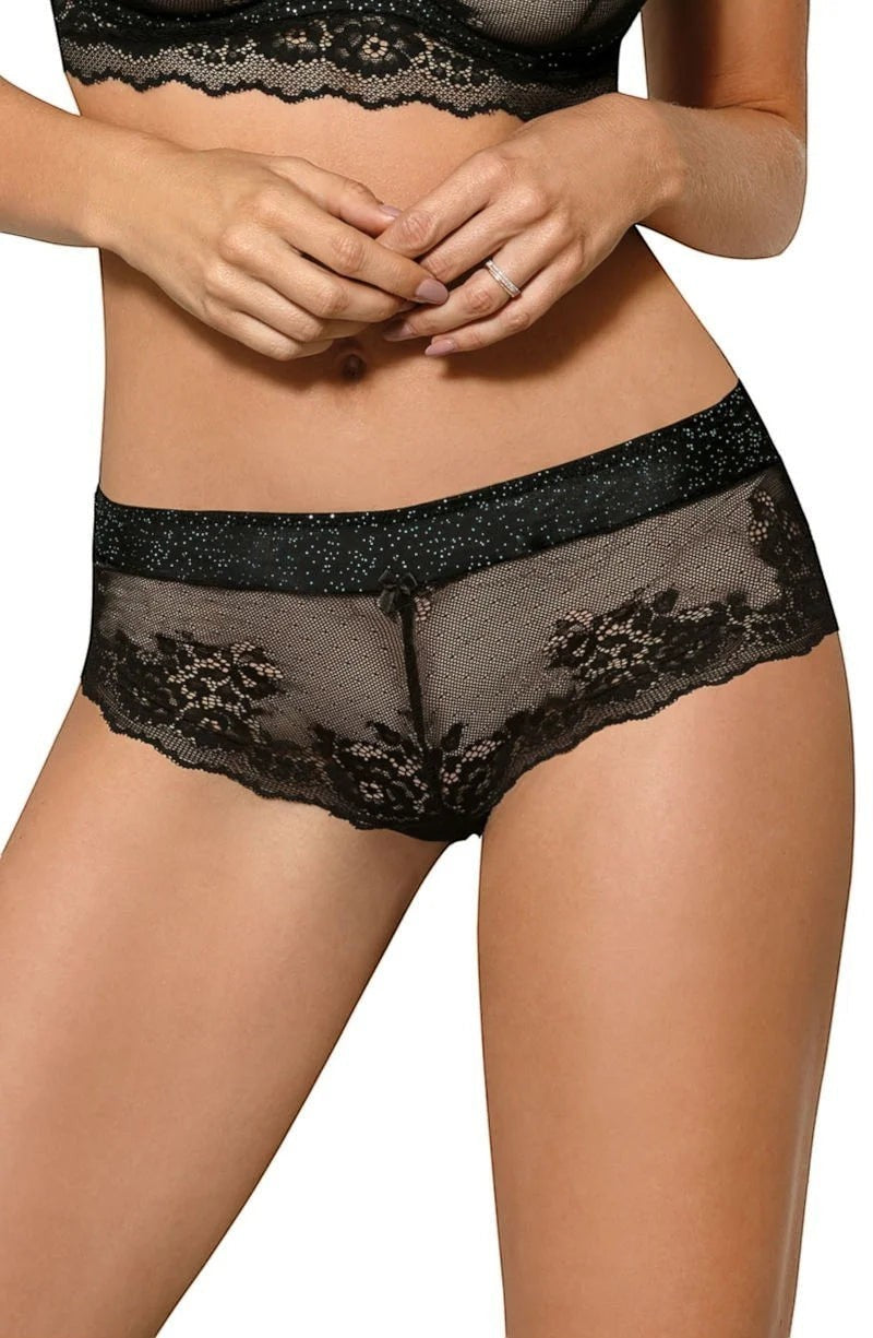 Sintimity Kena black lace briefs with metallic blue accents and a shimmering waistband. Floral lace design.