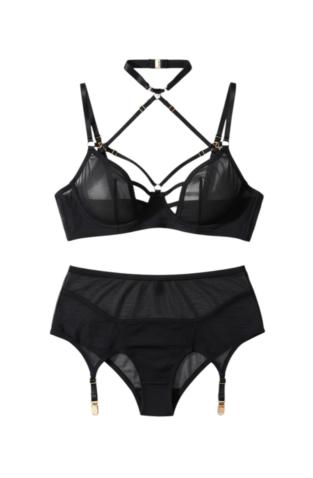 Sintimity black mesh and underwired bra set with garter belt and thong. Features strappy details and choker.