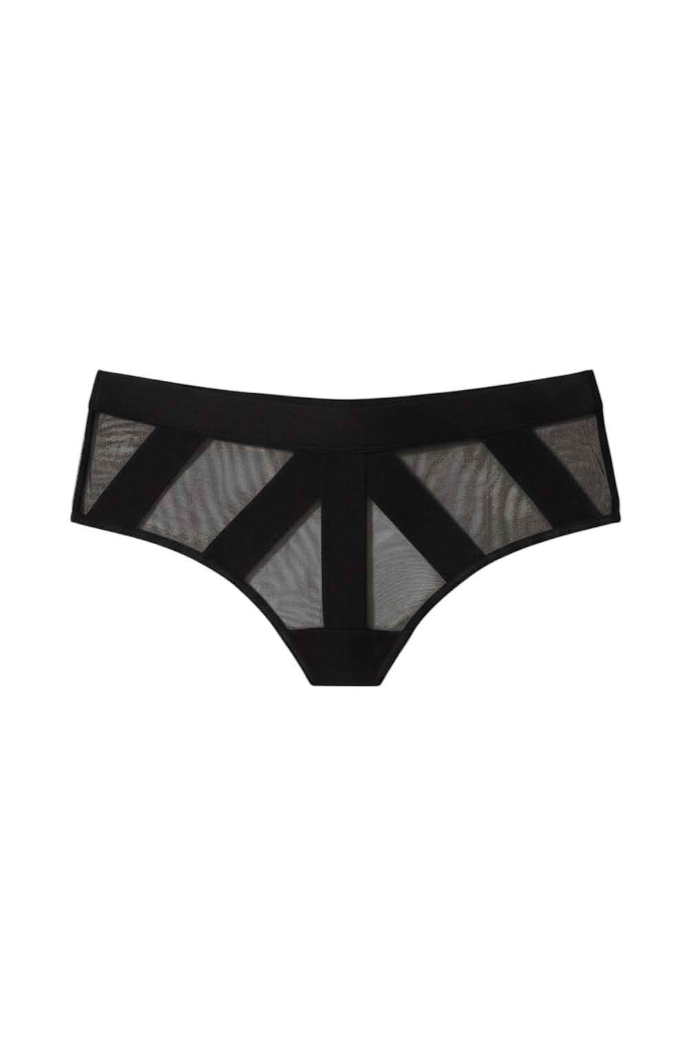 Sintimity black mesh brief with geometric strap detail and mid-rise fit. Made from sheer, lightweight polyamide and elastane. [compressed]