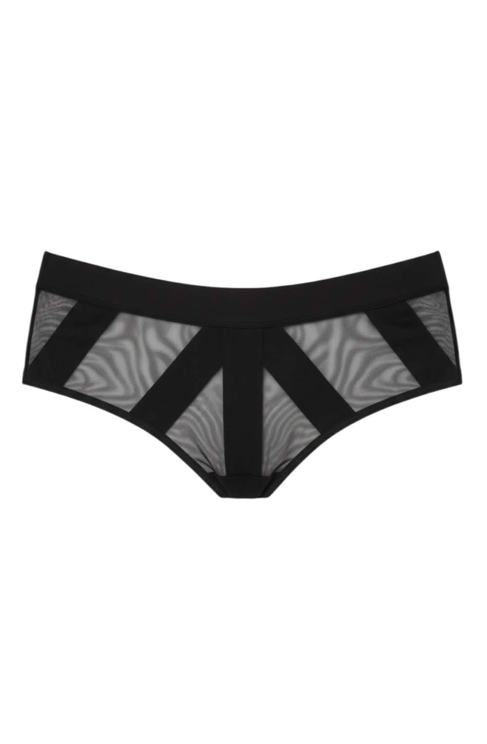 Sintimity Pasomela black mesh thong with geometric strap detail and seamless edges. [compressed]