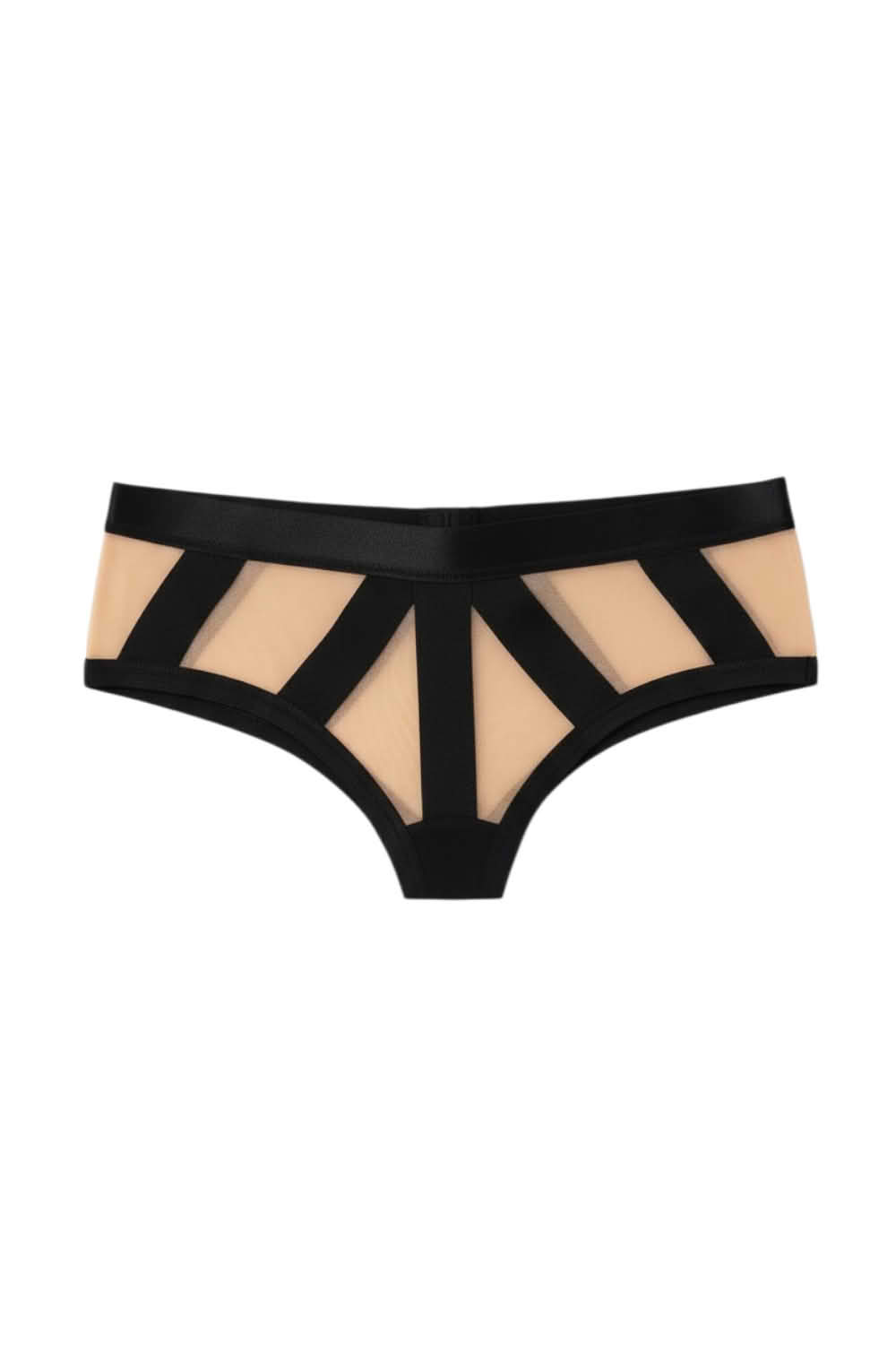 Sintimity Pasomela Mesh Thong in black and nude. Features sheer mesh panels with strappy detailing and a seamless finish. [compressed]