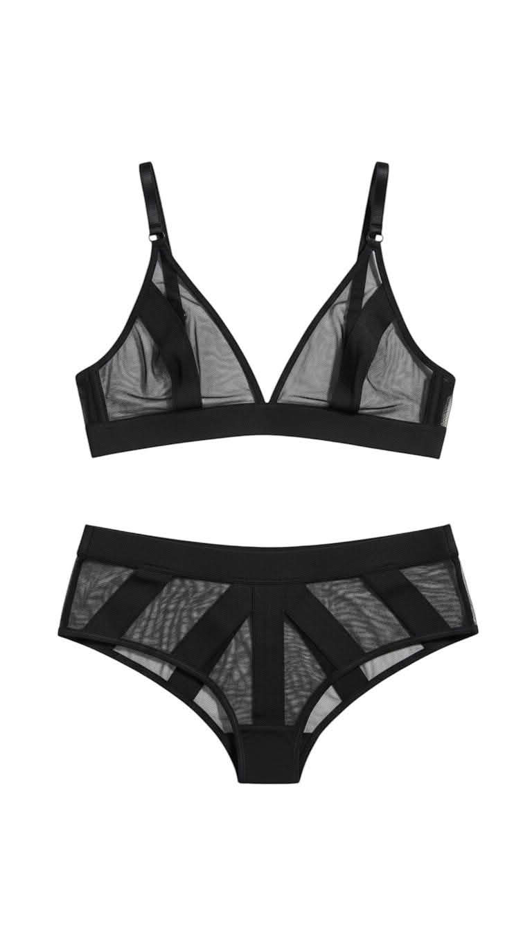 Sintimity black sheer mesh soft cup bra with triangle cups and adjustable straps. Modern contour lines. [compressed]