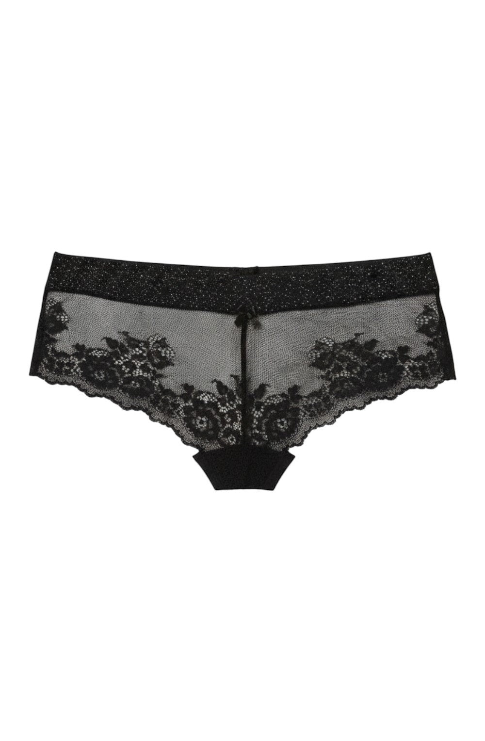 Sintimity Kena black lace briefs with metallic blue accents and a shimmering waistband. Floral lace design.