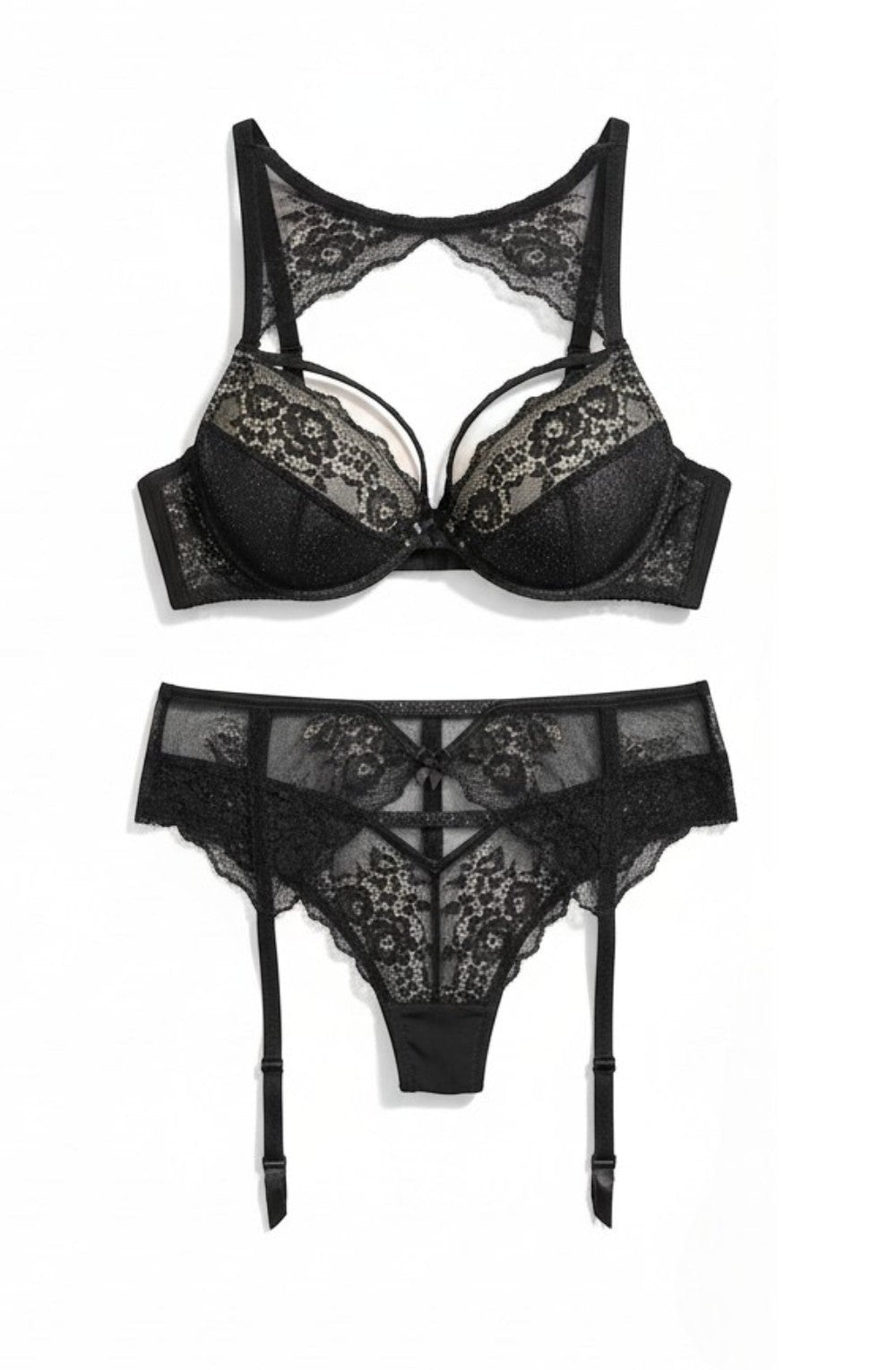 Sintimity Kena black lace suspender belt with metallic blue accents and adjustable straps.
