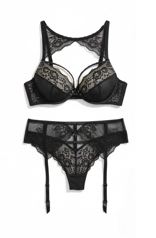 Sintimity Kena black lace suspender belt with metallic blue accents and adjustable straps.
