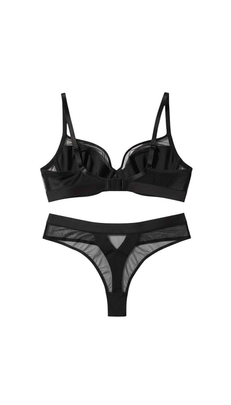 Sintimity Pasomela black sheer mesh soft cup bra with triangle cups and adjustable straps. [compressed]