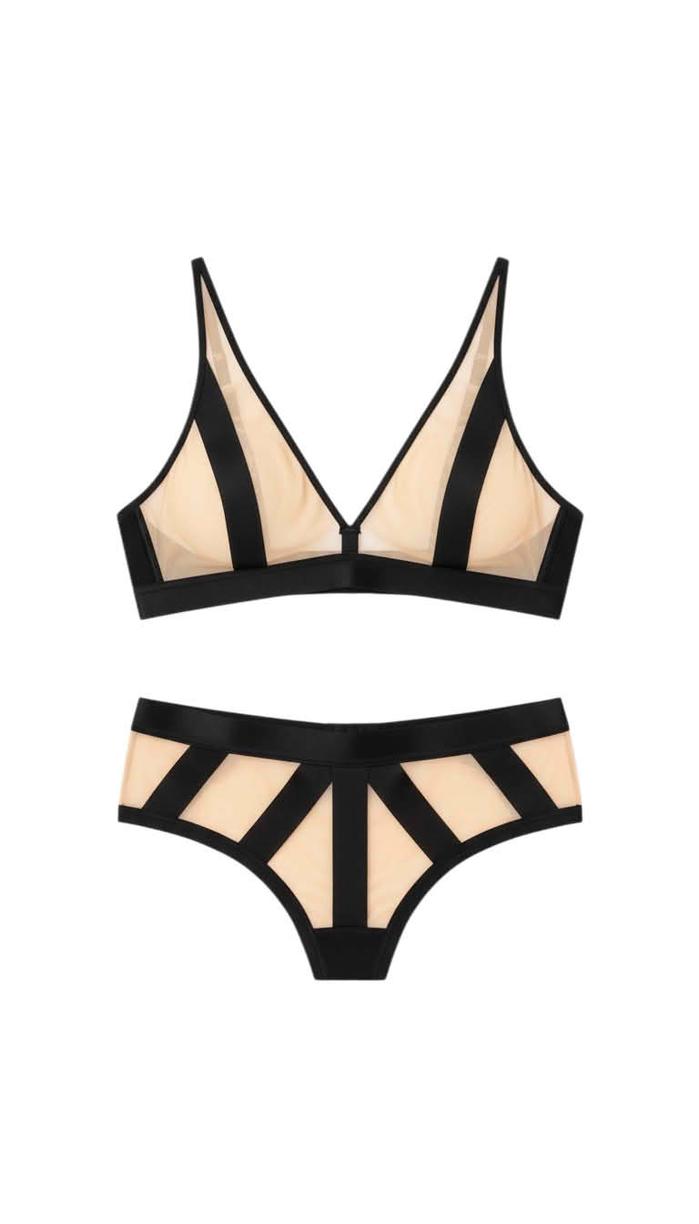 Sintimity Pasomela soft cup bra in ivory sheer mesh with black contour lines and adjustable straps. [compressed]