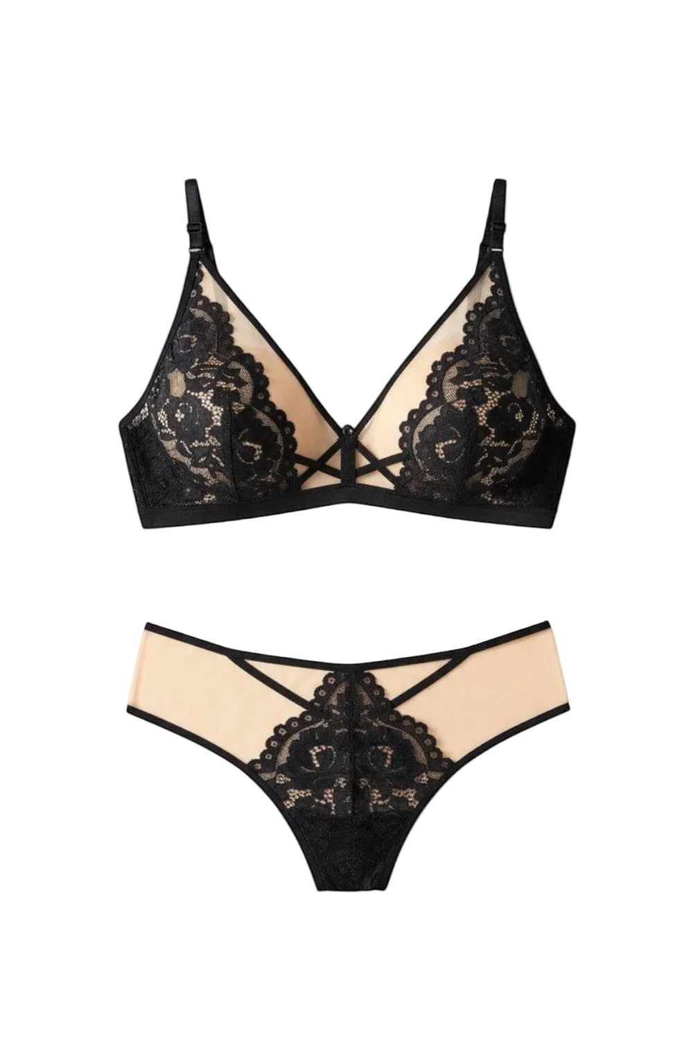 Sintimity Torfi black lace and sheer mesh bralette with adjustable straps and satin band. Wireless design.